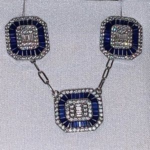Sterling Silver With Sapphires and Diamond earrings, and necklace set